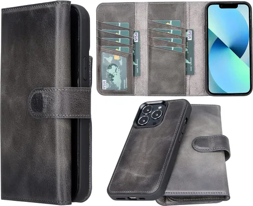 Miniatura 11 de Bayelon Funda compatible con iPhone 13 Pro, billetera de cuero triple de grano completo [2 en 1], funda magnética desmontable con ranuras