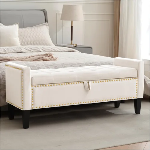 Banco otomano de almacenamiento, reposapiés tapizado de terciopelo para dormitorio y sala de estar, asiento copetudo con almacenamiento, patas de