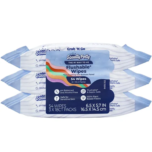Squatty Potty Toallitas desechables para viajes o en movimiento - Paquete de 3 (54 toallitas en total) - 99% agua y a base de plantas - Aroma a té