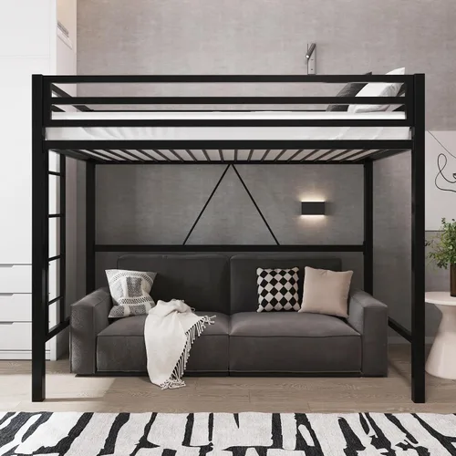 Allewie Cama alta de metal tamaño individual con barandilla y escalera, diseño pequeño que ahorra espacio para dormitorio, habitación de niños y