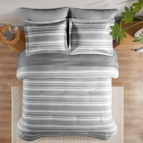 Miniatura 7 de Codi Juego de cama tamaño Queen en una bolsa, juego de ropa de cama matrimonial, moderno edredón de rayas grises y blancas con sábanas, juego