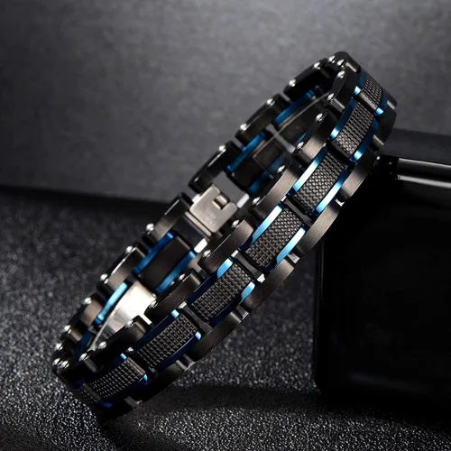 Miniatura 2 de Zillaly Pulsera de diamantes de eslabones cuadrados de acero inoxidable de dos tonos para hombre en negro y azul chapado en iones negro