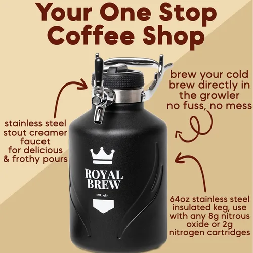 The Original Royal Brew Nitro - Cafetera fría – Regalo para los amantes del café – Café nitro de calidad en casa – Barril casero de 64 onzas, kit