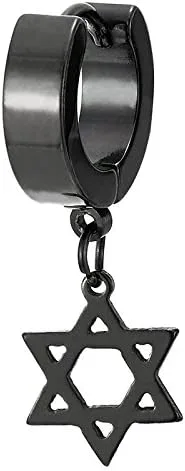 Miniatura 2 de Par de aretes de aro con bisagras de acero negro con estrella de David colgante para hombres y mujeres, Metal Acero aleado, no aplica