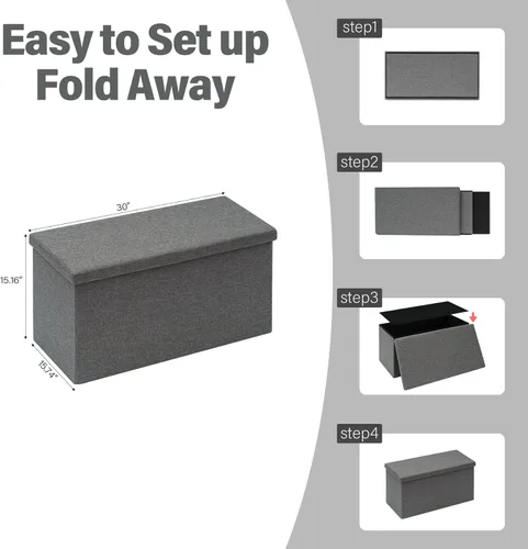 Miniatura 3 de PINPLUS Banco Otomán de Almacenamiento Plegable con Bandeja de Tapa, Mesa de Centro Otomán de 30 pulgadas Silla de Cubo Gris Taburete Reposapiés