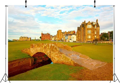 Miniatura 3 de Telón de fondo de tela de 15 x 10 pies para fotografía de campo de golf antiguo de Escocia Swilcan Bridge al atardecer, hermoso fondo británico