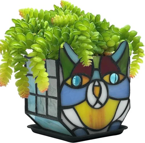 Miniatura 9 de Macetas Tiffany Lindas con Gatos de Vidrio Manchado, Para Plantas de Interior y Exterior, Maceta de Plantas con Gato Negro, Portavelas Contenedor