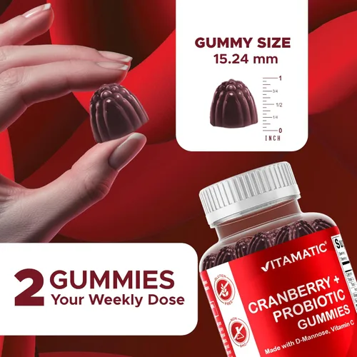Miniatura 7 de Vitamatic Paquete de 2 Gomitas Veganas de Arándano Rojo con D-Manosa, Probiótico y Vitamina C para la Salud del Tracto Urinario Femenino