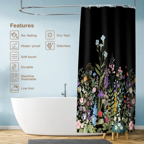 Miniatura 5 de Cortina de ducha Lalumix negra floral, cortinas de ducha con flores para baño con 12 ganchos, juegos de cortinas de ducha de tela de poliéster
