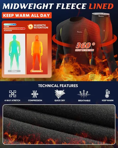 Miniatura 3 de romision 2 Pack Thermal Underwear for Men Long Johns Fleece Lined Hunting Gear Bottom Top Set Base Layer Cold Weather XS-4XL
