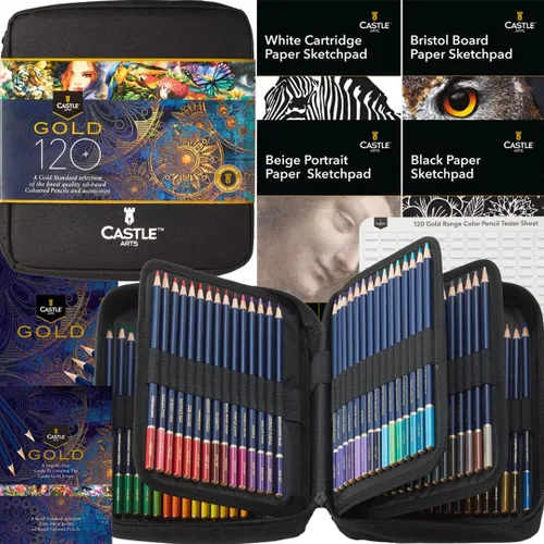 Castle Art Supplies Gold Standard - Juego de 120 lápices para colorear con extras, núcleos de colores a base de aceite que se mantienen más