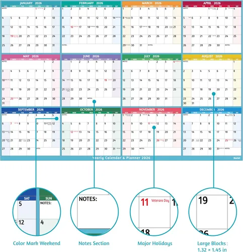 Miniatura 3 de Calendario anual de pared 2026, calendario anual grande 2026, enero 2026 - diciembre 2026, 25.2 x 38.2 pulgadas (abierto), calendario 2026