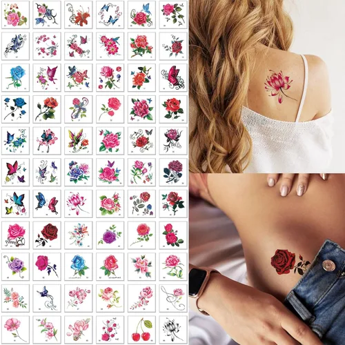 Miniatura 11 de 60 hojas de tatuajes temporales de flores 3D de mariposas para mujeres y niñas, calcomanías de tatuaje de rosas coloridas, impermeables
