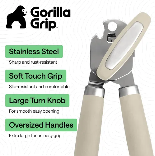 Miniatura 2 de GORILLA GRIP - Abridor de latas manual de acero inoxidable resistente con borde liso y abridor de botellas, mango suave y cómodo, perilla giratoria