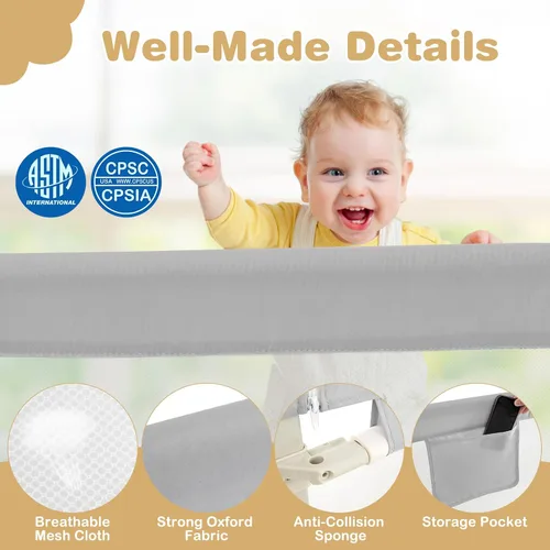 Miniatura 4 de HONEY JOY Riel de cama para niños pequeños, 47 pulgadas extra larga, barandilla de seguridad portátil con bolsillo lateral, rieles de cama
