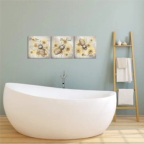 Miniatura 5 de iHAPPYWALL 3 piezas de lienzo de abeja de miel, arte de pared, diseño de girasol y citas motivacionales, ilustraciones para cocina, dormitorio
