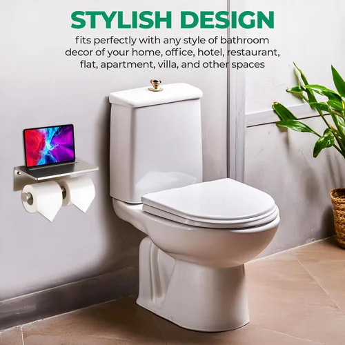 Miniatura 4 de Soporte de papel higiénico – Soporte de papel higiénico de aluminio de doble rollo con estante para teléfono móvil para baño, autoadhesivo 3M, sin