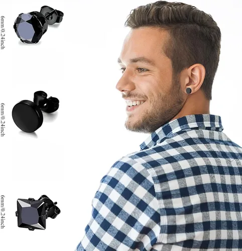 Miniatura 4 de Juego de 12 pares de aretes de acero inoxidable negros para hombre, aretes de aro punk, aretes negros para mujer, juego de aretes colgantes AMind4U