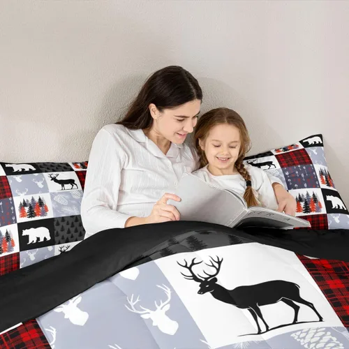 Miniatura 5 de Juego de Funda de Edredón para Adolescentes con Motivo de Caza de Alces y Venados, Juego de Ropa de Cama Navideño con Árboles y Enredaderas de Osos