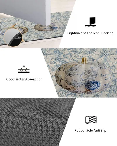 Miniatura 3 de Tapete de baño con diseño de flores y azulejos de calabazas para bañera, antideslizante, de secado rápido y absorbente, de tierra de diatomeas