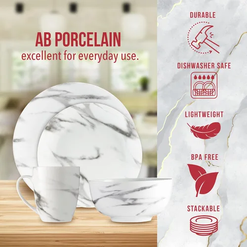 Miniatura 2 de Safdie & Co. - Juego de vajilla de mármol de 16 piezas, porcelana, color blanco