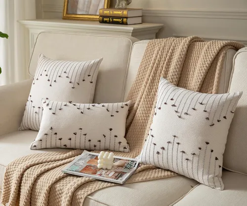 Miniatura 7 de Caflife Fundas de almohada boho de 18 x 18 pulgadas, juego de 2 almohadas decorativas para cama, fundas de almohada beige con línea negra para sofá