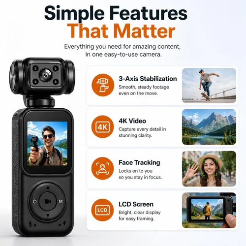 Miniatura 3 de Acuvar Mini cámara de bolsillo 4K con pantalla LCD, cámara de video portátil con WiFi, seguimiento facial, rotación de 270°, tarjeta SD de 64 GB