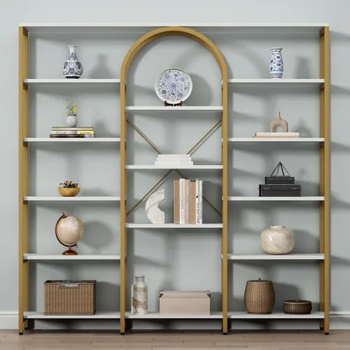 Miniatura 8 de Gyfimoie Estantería dorada triple ancha, 70.87 pulgadas de ancho x 71.34 pulgadas de alto, estantería grande y moderna Etagere con estantes abiertos