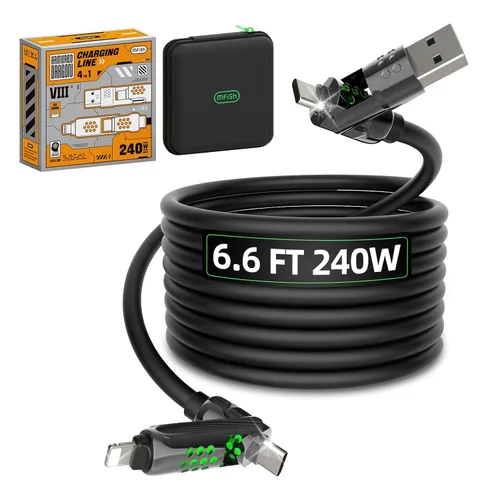 Miniatura 10 de MFish Cable de carga rápida 4 en 1, 6.6 pies 240 W PD 3.1 USB-A/USB-C a USB-C e Lightning, cable de carga múltiple de silicona con funda, compatible