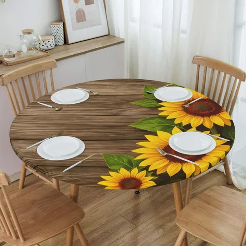 Miniatura 2 de Famame Mantel redondo ajustable con protector elástico, mantel de madera con diseño de girasol para cocina, cena, impermeable, a prueba de aceite