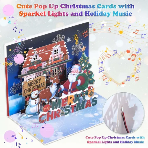 Miniatura 2 de Caffox Tarjeta de Navidad con luces y música, tarjeta de felicitación musical de árbol de Navidad desplegable con sobre, tarjetas divertidas