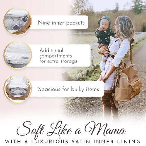 Miniatura 4 de Luli Bebe - Mochila grande para pañales de piel vegana moderna de diseñador con estilo para mamá, multiusos, espaciosa, con cambiador (marrón late)