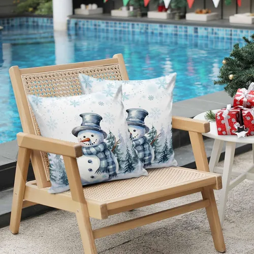 Miniatura 9 de Funda de almohada de invierno para exteriores, impermeables, paquete de 2 fundas de cojín con diseño de copos de nieve en acuarela de Navidad