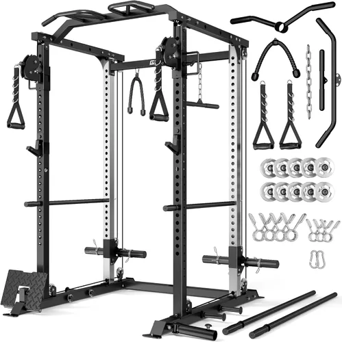 Miniatura 21 de DP01 - Jaula de potencia, estante para sentadillas de 2000 libras con cable cruzado y sistema de polea doble independiente, jaula completa para Rojo