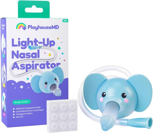 Playhouse MD Booger Buddy - Aspirador nasal, elefante, con luz LED para bebés y niños pequeños, removedor de mocos sin BPA para la nariz tapada del