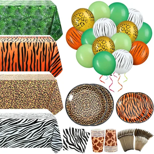 Jerify 169 piezas de suministros de fiesta de cumpleaños con estampado de animales del zoológico de safari de la selva, incluyendo platos de papel,
