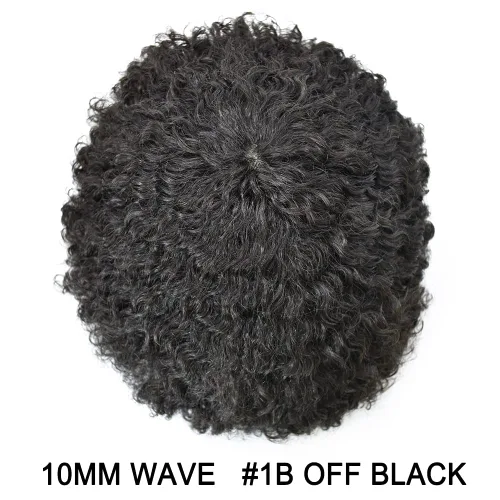 Afro Toupee Para Hombres Negros Unidad De Cabello Humano Para Hombres Negros Pieza De Pelo PU Ingección Afro Mens Toupee 10MM #1B Off Negro