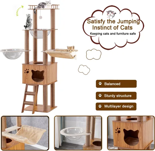 Miniatura 4 de Árbol de madera para gatos de 61 pulgadas con condominio para gatos, postes rascadores de escaleras para gatos, 2 cuencos, postes rascadores