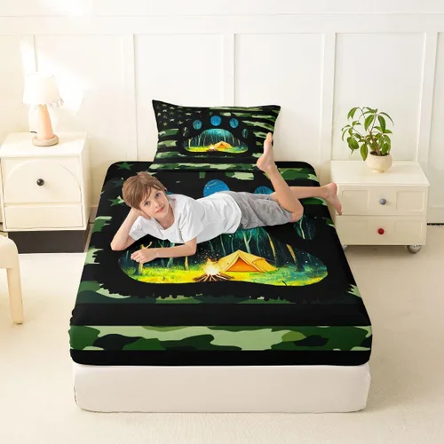 Miniatura 5 de Erosebridal American Flag Bed Sheets Twin Army Green Camo Deep Pocket Fitted Sheet for Kids Boys Girls Bear Claw Hunting Theme Bedding Set Camoflage