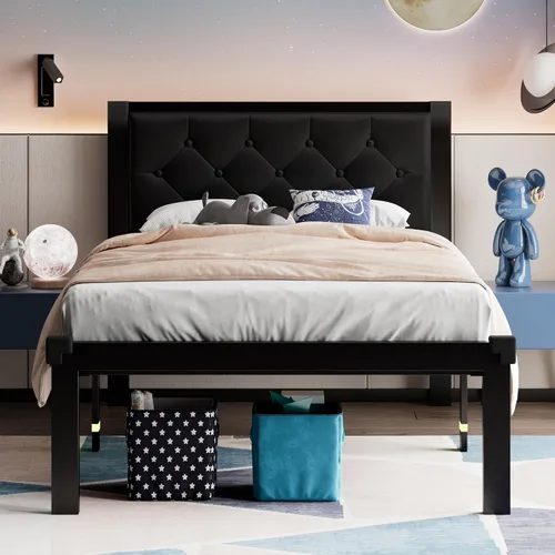 Miniatura 15 de Feonase Marco de cama de metal tamaño doble con cabecera capitoné de cuero sintético con botones, marco de cama tipo plataforma resistente