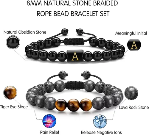 Miniatura 3 de STORUP Pulsera de regalo para hombres Pulsera de cuentas de piedra de lava de ojo de tigre de 0.315 in para hombre, enlace inicial, hecha a mano