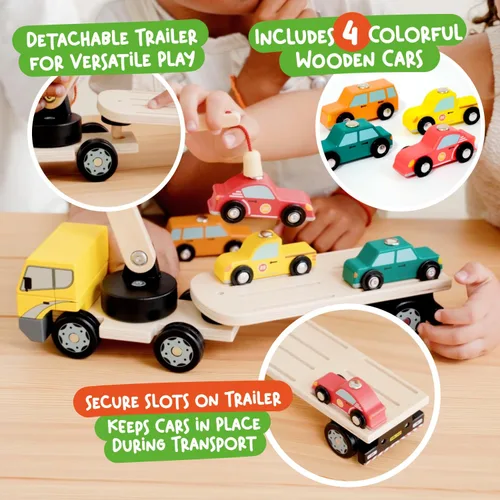 Miniatura 4 de Nene Toys Cargador magnético para automóvil con 4 autos y 1 camión de madera semirremolque para niños de 2 años en adelante, juguete interactivo