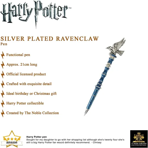 Miniatura 3 de The Noble Collection Harry Potter Ravenclaw - Bolígrafo chapado en plata, 8 pulgadas (8.3 in) rematado con la mascota Raven House de Ravenclaw