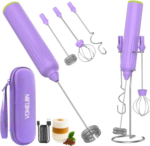 Miniatura 11 de Espumador de leche de mano con 3 batidores de acero inoxidable, mezclador eléctrico recargable de bebidas con soporte y estuche de viaje, espumador