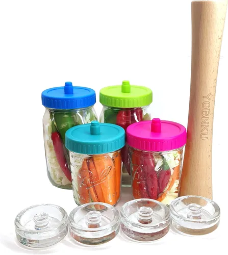 Miniatura 6 de Kit completo de fermentación de tarros Mason con libra, 4 pesos de vidrio y 4 tapas de fermentador, herramienta de fermentación de alimentos