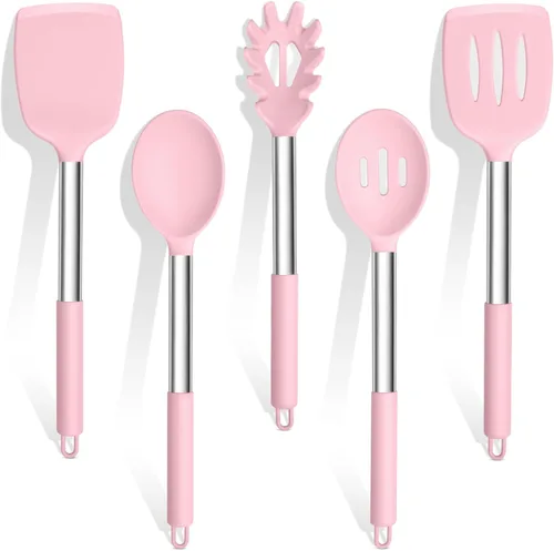 Miniatura 11 de TeamFar Juego de utensilios de cocina de silicona, 5 utensilios de cocina a prueba de calor con mango de acero inoxidable, girador/cuchara/servidor