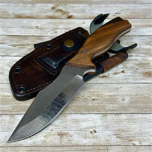 Cuchillo de caza de hoja fija hecho a mano, cuchillo táctico de hoja N690 con funda de cuero y arrancador de fuego de magnesio, cuchillo táctico de