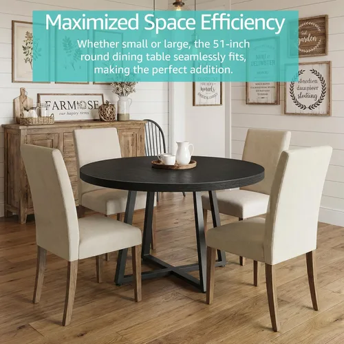 Miniatura 5 de NUTIKAS Mesa de comedor redonda de 42 pulgadas para 4, moderna mesa de cocina de grano de madera negra con patas cruzadas de metal, mesa de comedor