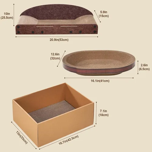 Miniatura 7 de Avont Juego de 3 rascadores de cartón para gatos de interior, rascador corrugado para gatos con almohadilla reversible para rascar, caja de arañazos