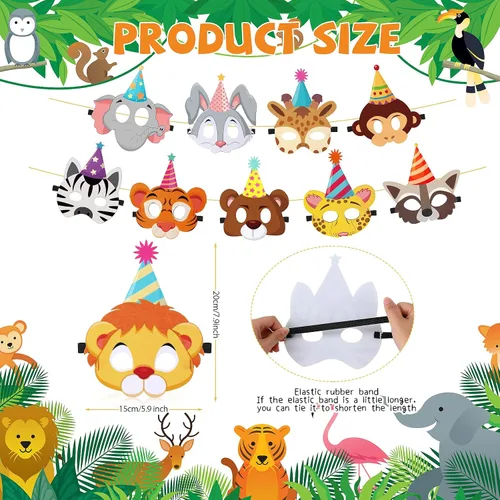 Miniatura 2 de 10 máscaras de fiesta de animales, máscara de fieltro de selva para niños, divertidas máscaras de cumpleaños, suministros de fiesta temática